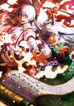  absurdres bow ex-keine fujiwara_no_mokou green_hair hair_bow highres holysnow horns kamishirasawa_keine long_hair looking_at_viewer multiple_girls open_mouth outstretched_arm outstretched_hand red_eyes scroll silver_hair smile suspenders touhou very_long_hair 
