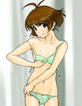  adjusting_bra adjusting_clothes akizuki_ryou antenna_hair blush bra brown_eyes brown_hair crossdressing dressing idolmaster idolmaster_dearly_stars lingerie male_focus nipples onakkey otoko_no_ko panties solo sweatdrop underwear underwear_only 