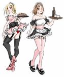  2girl 2girls alcohol apron ass axis_powers_hetalia bare_shoulders beanclam black_legwear black_panties blonde_hair blush bottle brown_hair garter_straps genderswap green_eyes high_heels lithuania_(hetalia) maid maid_apron maid_headdress mary_janes multiple_girls panties pink_legwear poland_(hetalia) red_panties short_hair smile standing_on_one_leg thighhighs tray underwear 