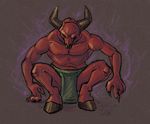  bovine bull cattle chromatic_background crouching hooves horn horns lightdevil loincloth male mammal minotaur muscles mythology plain_background solo underwear 