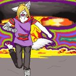  blonde_hair bomb canine cloth colorful explosion eyes_closed fur gay_bomb hair jacket low_res mammal open_mouth pixel running solo unknown_artist white_fur 
