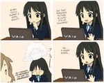  4koma akiyama_mio bangs black_hair blunt_bangs comic computer hard_translated hime_cut hirasawa_yui k-on! laptop long_hair pixiv rutarou school_uniform translated vaio 