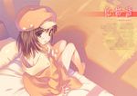  bad_id bad_pixiv_id bakemonogatari barefoot bed brown_eyes brown_hair cabbie_hat hat jacket jacket_on_shoulders lowres monogatari_(series) open_mouth santa_matsuri sengoku_nadeko short_hair solo undressing 