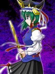  blue_eyes breasts green_hair hat medium_breasts profile rod_of_remorse shiki_eiki short_hair solo supon touhou 