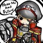  bolter cape chibi commissar eyepatch food fruit hat imperial_guard lowres monocle orange weapon 
