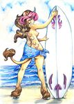  anthro aura_(character) aura_moser auradeva back beach blush breasts brown_hair butt equine female hair hooves horn horns looking_at_viewer mammal nipples outside pink_hair sand seaside side_boob smile solo surfboard topless unicorn water yellow_skin 