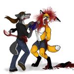  amputation blood canine chainsaw digitigrade female fox gun guro guts lancefoxx male open_mouth plantigrade ponytail sickle tail teeth teeth_clenched topless weapon wolf 