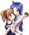  :d animal_ears blue_hair blush bon_(moegomi) bow brown_eyes brown_hair green_eyes hair_bow hand_on_another's_head hug idolmaster idolmaster_(classic) kisaragi_chihaya long_hair multiple_girls nonowa one-piece_swimsuit open_mouth school_swimsuit short_hair smile swimsuit takatsuki_yayoi twintails 