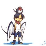  bandana bare_shoulders blue_eyes blue_hair frown gen_3_pokemon hitec male_focus moemon multiple_tails personification pokemon pokemon_(creature) shadow shorts sitting sitting_on_head sitting_on_person sleeveless tail taillow translation_request wings 