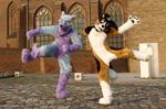  canine collar cute dog fursuit happy jumping looking_at_viewer male mammal paws stripes unknown_artist 