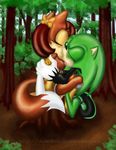  boots breasts canine eyes_closed female fiona_fox forest fox kissing male mobian scourge_the_hedgehog sega sitting sonic_(series) straight stump tree trees 