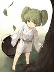  bad_id bad_pixiv_id barefoot bucket child from_above full_body green_eyes green_hair hair_bobbles hair_ornament japanese_clothes kisume short_hair solo standing touhou tree twintails urin wooden_bucket 