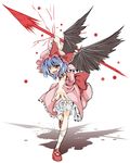  bloomers blue_hair fang foreshortening full_body hat highres outstretched_arms pose red_eyes remilia_scarlet shadow shigurio short_hair simple_background solo spear_the_gungnir standing standing_on_one_leg torn_wings touhou underwear wings 