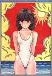  beach hayakawa_moemi katsura_masakazu official_art one-piece_swimsuit one_piece_swimsuit short_hair summer sun swimsuit video_girl_ai 