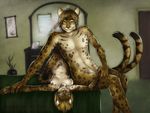  bed breasts collar double_tail feline female male nude ocelot on_back sheath spookable 