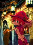  1girl broom cat hat hirokazu night original red_hair witch witch_hat 