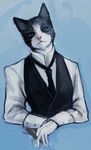  1boy animal_ears black_fur black_hair blue_eyes cat cat_ears cigar clothing feline fur furry gloves inperno knife looking_at_viewer ludwig_(inperno) male mammal necktie original pink_nose realistic shirt solo suit vest whiskers white_fur white_shirt 