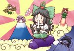  4girls :3 aonagi_ibane black_wings chibi costume dreaming drooling eating eggplant flying food hatsuyume heart heart_of_string highres kaenbyou_rin komeiji_koishi komeiji_satori mochi mount_fuji multiple_girls new_year reiuji_utsuho rocket sleeping touhou wagashi wings 