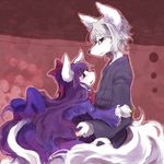  anthro blush canine duo eye_contact eyewear female fox glasses hair hug long_hair male mammal pipisan purple_hair tears wolf 