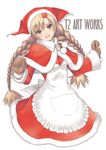  apron blonde_hair blush braid brown_eyes christmas hair_ornament long_hair manaflare_amil mittens open_mouth santa_costume shining_(series) shining_hearts solo tanaka_takayuki twin_braids winter_clothes 