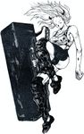  blood closed_eyes dorohedoro greyscale highres horns monochrome nikaidou_(dorohedoro) q._hayashida simple_background solo tank_top 