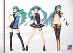  alternate_costume alternate_hairstyle aqua_eyes breasts costume_chart detached_sleeves green_hair hatsune_miku highres keypot legs long_hair medium_breasts midriff multiple_persona navel no_socks revealing_clothes thighhighs twintails underboob vocaloid 