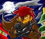  brown_fur fur hair male mammal mongoose night ninja oekaki red_hair sky solo 