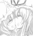  duplicate eye_contact french_kiss greyscale hat hat_ribbon highres kiss looking_at_another lossy-lossless monochrome multiple_girls ribbon saigyouji_yuyuko saliva sweat touhou volkies yakumo_yukari yuri 