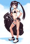  :&lt; arm_garter bag bikini black_gloves black_hair choker flat_chest full_body garters gloves golf_bag hand_on_hip kooh leg_garter long_hair looking_at_viewer navel pangya red_eyes shoes simple_background solo standing swimsuit twintails wang-pac 