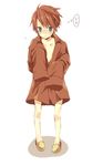  bad_id bad_pixiv_id blue_eyes blush male_focus no_pants oversized_clothes red_hair ringo_komachi simple_background sleeves_past_wrists slippers solo standing umineko_no_naku_koro_ni ushiromiya_battler younger 