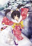  black_hair brown_eyes bunny clog_sandals hagoita hair_ornament japanese_clothes kimono original outdoors paddle snow solo tabi twintails winter yukise_miyu 