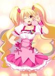  blonde_hair bow choker cure_peach earrings fresh_precure! hair_ornament hand_on_hip heart heart_hair_ornament jewelry long_hair magical_girl momozono_love one_eye_closed pink_bow pink_choker pink_eyes precure solo takepon twintails wrist_cuffs 