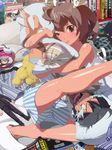  :p ;p alarm_clock barefoot brown_eyes brown_hair clock copyright_request dakimakura_(object) kicking kneepits namiki_system one_eye_closed otaku_room pillow pillow_hug solo star star-shaped_pupils symbol-shaped_pupils tokyo_koutei_houjou_renka tongue tongue_out 