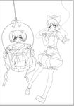  bare_shoulders belt bow bucket child greyscale hair_bobbles hair_bow hair_ornament in_bucket in_container japanese_clothes kisume kneeling kurodani_yamame lineart monochrome multiple_girls off_shoulder sayori see-through short_hair silk sketch spider_web touhou twintails 