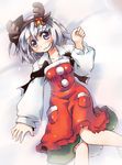  alternate_costume antlers bell blue_hair blush christmas konpaku_youmu lying nanaroku_(fortress76) on_back reindeer_antlers short_hair silver_hair smile solo touhou untied 