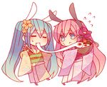  :&lt; animal_ears aqua_eyes aqua_hair bowl bunny_ears chibi chopsticks closed_eyes flower food hair_flower hair_ornament hatsune_miku japanese_clothes kimono long_hair megurine_luka mochi multiple_girls new_year niwako obi pink_hair sash simple_background sweatdrop twintails very_long_hair vocaloid wagashi 