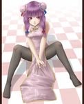  alternate_costume alternate_hairstyle bad_id bad_pixiv_id bare_shoulders black_legwear checkered checkered_floor china_dress chinese_clothes double_bun dress mochi.f pantyhose patchouli_knowledge sitting solo spread_legs touhou 