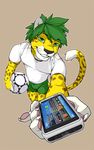  2010 cellphone feline football green_eyes green_hair hair leopard looking_at_viewer male mascot paws pose product_placement short_hair smartphone smile soccer solo south_africa standing tail wolfy-nail world_cup zakumi 