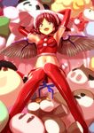  alternate_costume animal_ears armpits arms_up bad_id bad_pixiv_id bear black_eyes boar collar elbow_gloves fangs gift gloves hakurei_reimu highres legs midriff mystia_lorelei navel open_mouth panda pink_hair red_legwear sack santa_costume sheep shiba_itsuki short_hair sitting solo stuffed_animal stuffed_toy thighhighs touhou wings yukkuri_shiteitte_ne 