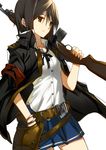  black_hair bow bracelet brown_eyes circle_a_(symbol) gun jacket_on_shoulders jewelry m1_carbine original pouch ress rifle short_hair simple_background skirt solo weapon 
