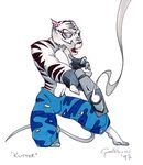  chris_goodwin eye_patch feline fingerless_gloves gun kneeling male smoke solo tiger topless weapon white_tiger 