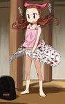  barefoot blush_stickers bow brown_eyes brown_hair electric_fan fanning_crotch feet hair_bow idolmaster idolmaster_(classic) long_hair midriff minase_iori open_mouth panties skirt skirt_lift solo standing striped striped_panties ttomm underwear wind wind_lift 