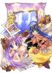  =_= ahoge angel_wings bare_shoulders bird blue_eyes blue_hair bow egg fang feathers food fruit glasses gloves goggles goggles_on_head grapes green_eyes hair_ribbon hairband highres hiiragi_kagami izumi_konata long_hair looking_back lucky_star mirror mole mole_under_eye multiple_girls nyanmilla pink_hair purple_hair ribbon smile star tsurime twintails wings 