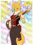  background blush bracer breasts canine chest_fluff chest_tuft clothed clothing cyan digimon female fox fur guitar jeans jemma jemma_(jingx1) jingx1 long_tail mammal markings musical_note pattern_background pose raised_leg red renamon sneakers solo standing tail tuft 