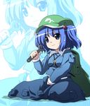  backpack bag blue_eyes blue_hair hair_bobbles hair_ornament hat kawashiro_nitori key sitting solo sweatdrop touhou twintails two_side_up wrench 