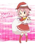  alternate_costume animal_ears boots brown_eyes capelet christmas hat highres mystia_lorelei pink_hair red_capelet sack santa_costume santa_hat short_hair solo touhou yamabuki_(yusuraume) 