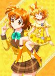  boots brown_eyes brown_hair choker christian_private_white_clover_academy_school_uniform cure_pine dress dual_persona earrings fresh_precure! frills gathers hair_ornament hair_ribbon heart heart_hair_ornament jewelry magical_girl mizuha_(aqua_no_hane) multiple_girls one_eye_closed orange_choker plaid precure ribbon school_uniform short_hair side_ponytail sitting smile wrist_cuffs yamabuki_inori yellow 