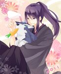  2011 alternate_costume alternate_hairstyle animal_ears black_eyes black_hair bunny_ears carrot honeycomb_(pattern) honeycomb_background japanese_clothes kimono long_hair male_focus ponytail repede shuri_(9818) tales_of_(series) tales_of_vesperia yuri_lowell 
