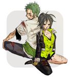  1boy 1girl asymmetrical_clothes black_hair blood blue_eyes breasts bruise cleavage cuts dirty earrings gloves green_hair haramaki injury jacket jewelry medium_breasts messy_hair no_eyewear nosebleed one_piece roronoa_zoro scar scratches short_hair sitting tashigi torn_clothes 