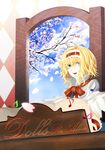  alice_margatroid bad_id bad_pixiv_id blonde_hair cherry_blossoms english green_hair hairband kazabosi musical_note open_mouth petals short_hair smile solo touhou window 